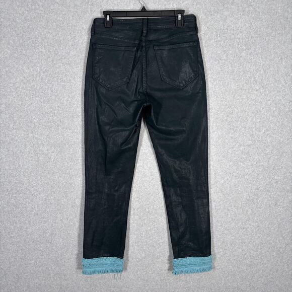 NYDJ Jeans 10 Forest Green Waxed Coated Fringe Boho Festival Lift Tuck Turquoise - Picture 8 of 14